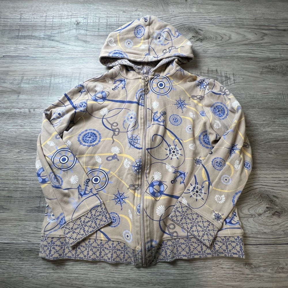 Breckenridge Hoodie Womens Petite Medium PM Tan Nautical All Over Print Full Zip
